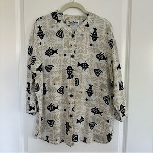 Vintage Two Potato Laguna Beach Men’s Shirt Band Collar Fish Ethnic Print Size L
